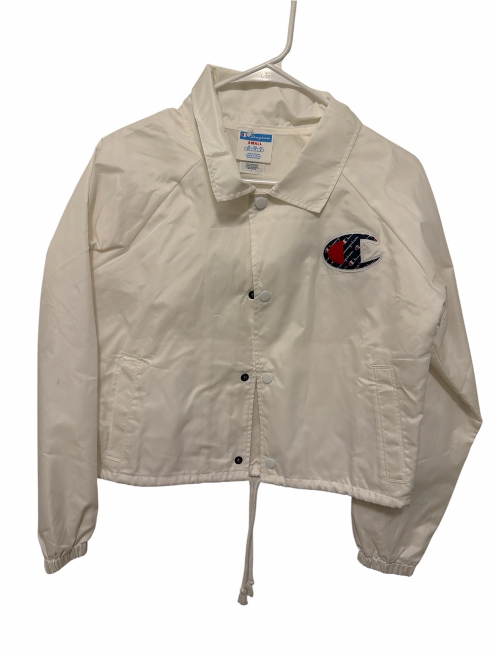 Champion White Coach Jacket with Red & Navy Script 'C' Patch